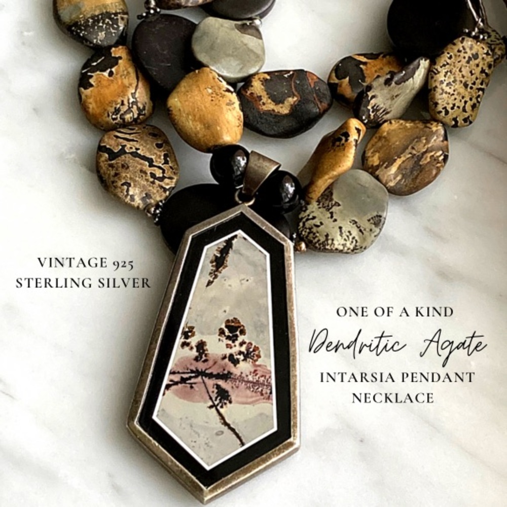 Rare dendritic agate pendant intarsia  vintage 925 sterling silver & necklace